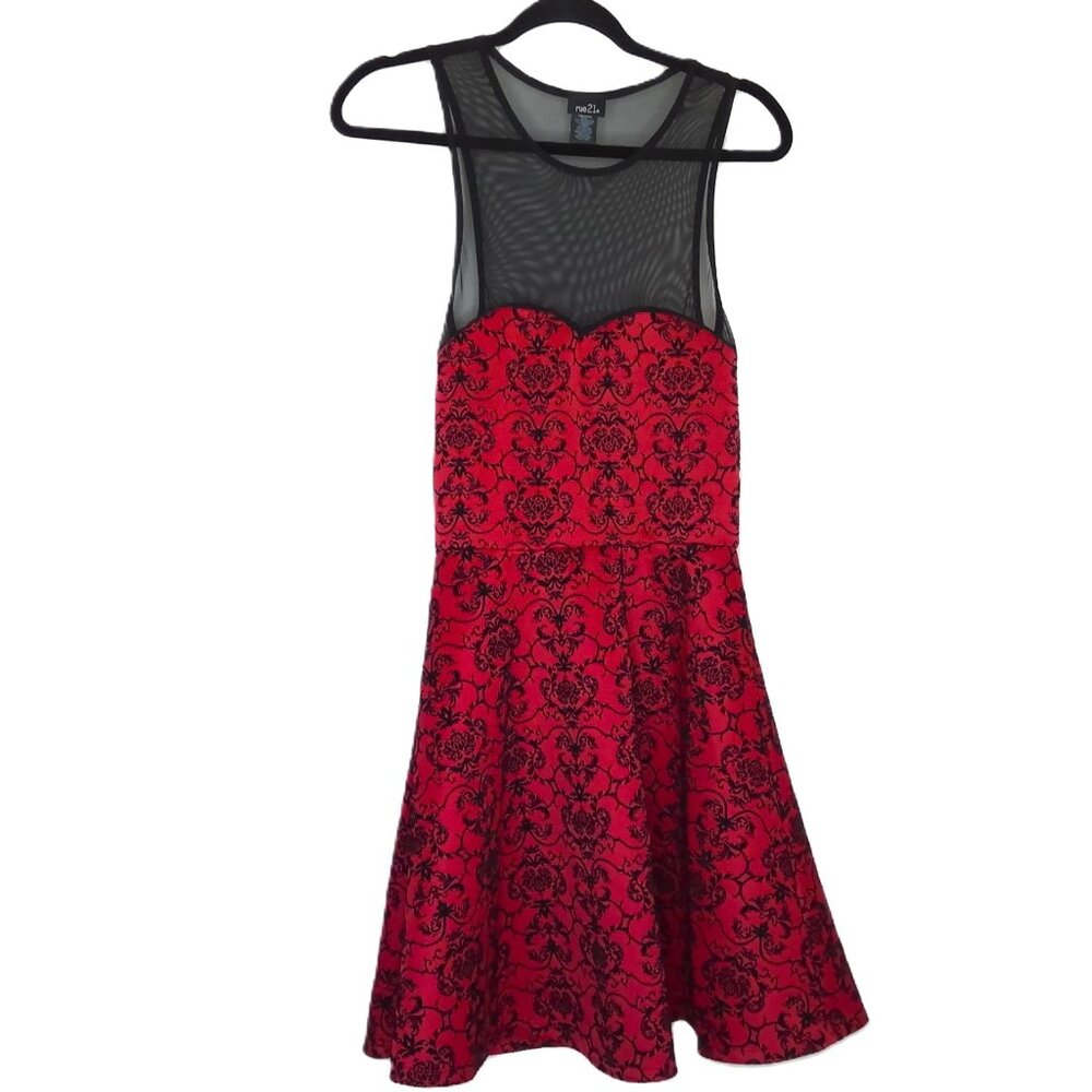 New Rue 21 Dress Skater Fit & Flare Stretch Black & Red Floral & Mesh Top NWOT M